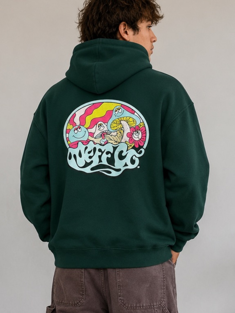 Neff Psychedelic Mushroom Graphic Hoodie Green Size Small Y2K Skater Streetwear